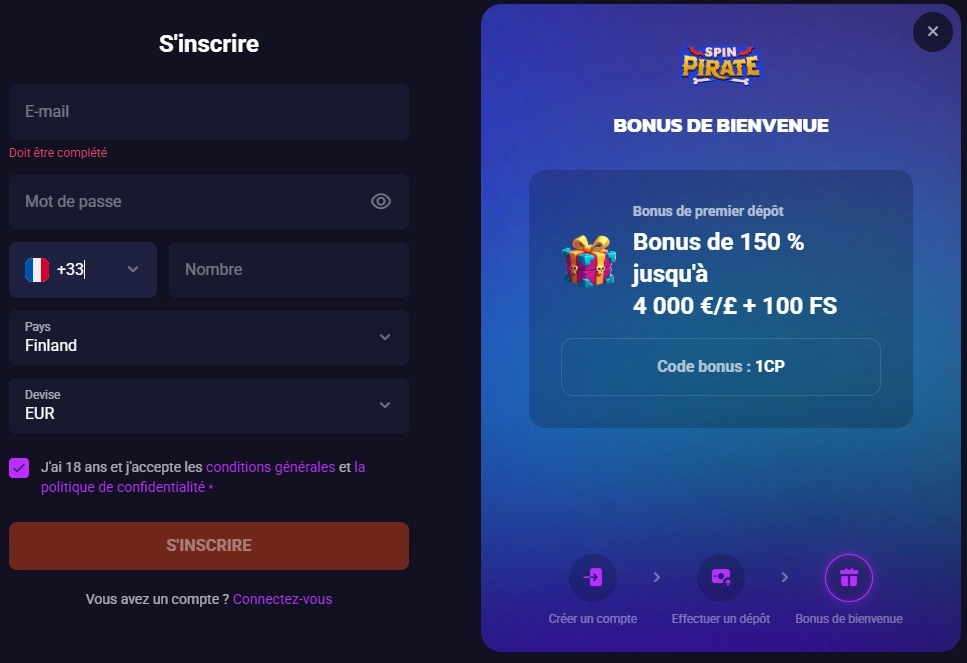 Bonus de bienvenue Crash Pirate avec bonus de premier dépôt de 150 % jusqu’à 4 000 € et 100 tours gratuits