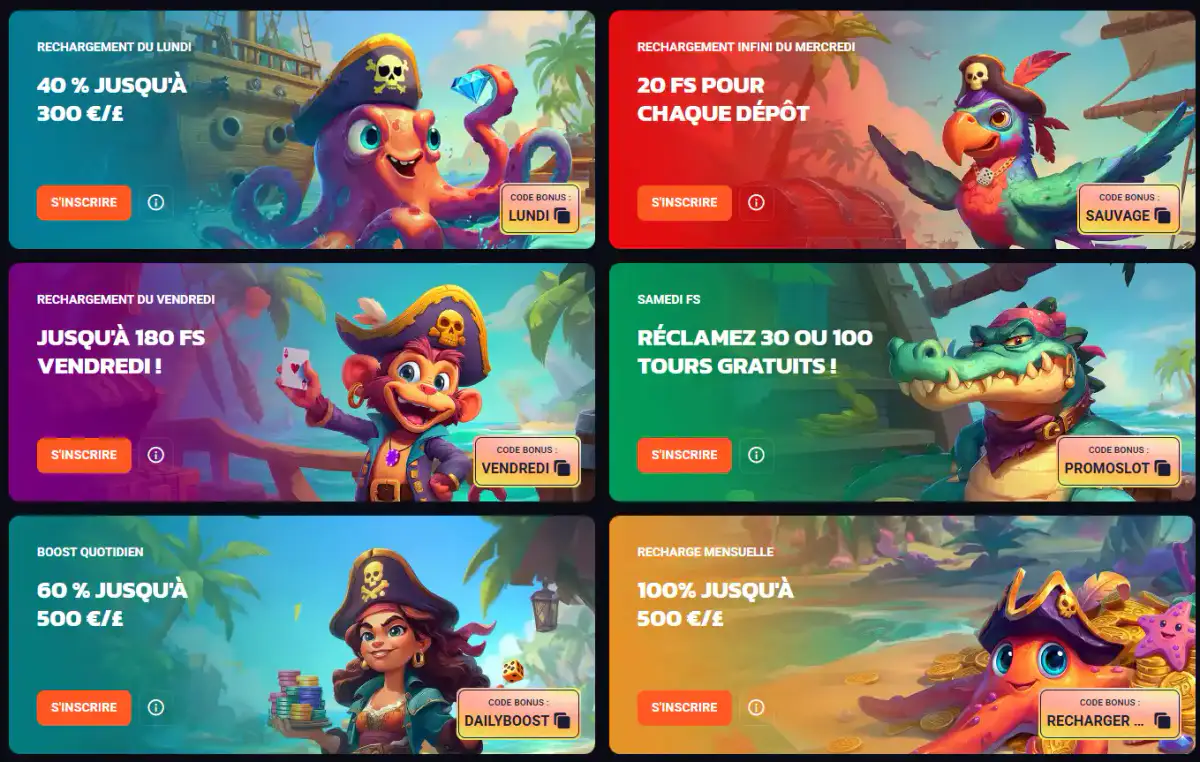Promotions hebdomadaires Crash Pirate avec bonus de recharge tours gratuits et offres de dépôt